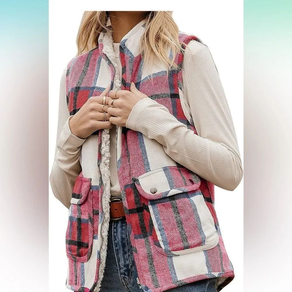 NWT Merokeety red/ blue/white zip front plaid vest with faux Sherpa lining sz L